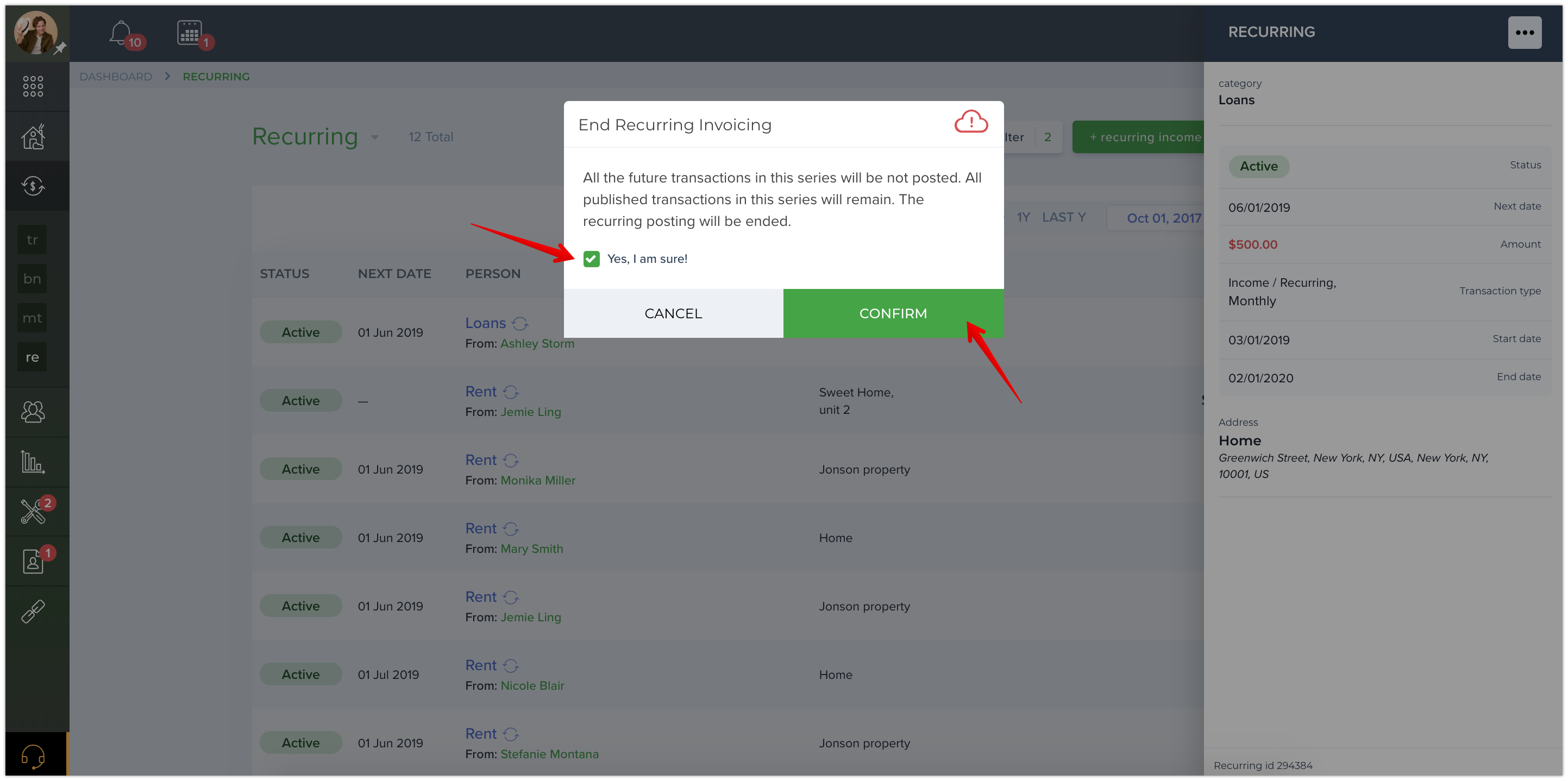 How do I end/delete a recurring transaction from the Recurring Page?