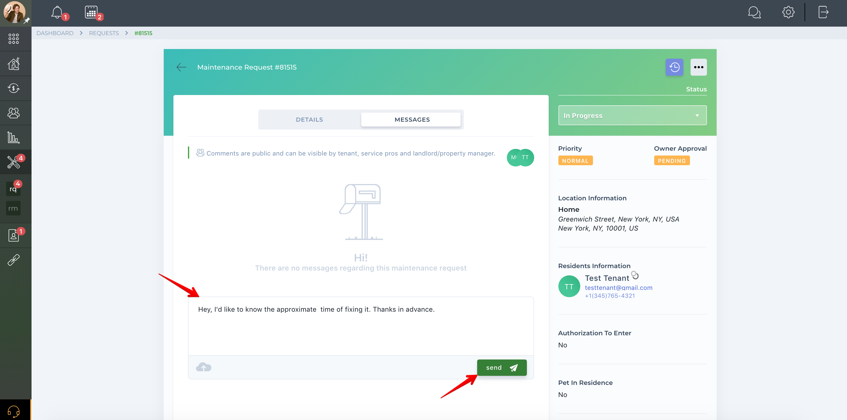 How to communicate with a Tenant and ServicePro within a maintenance request?
