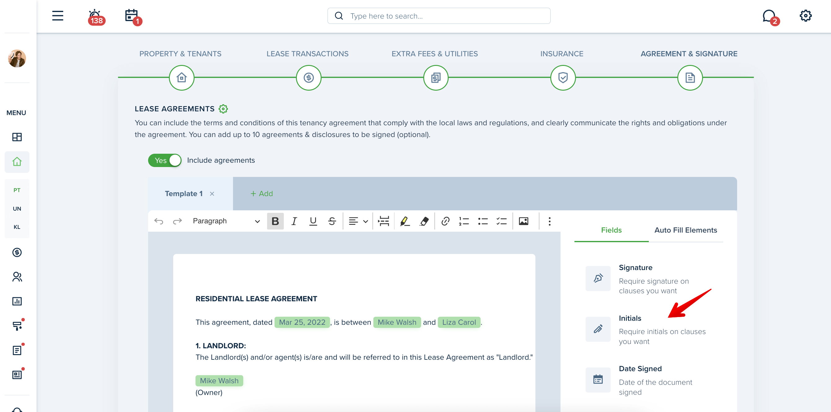 Help Center - How do I include initials in document templates?