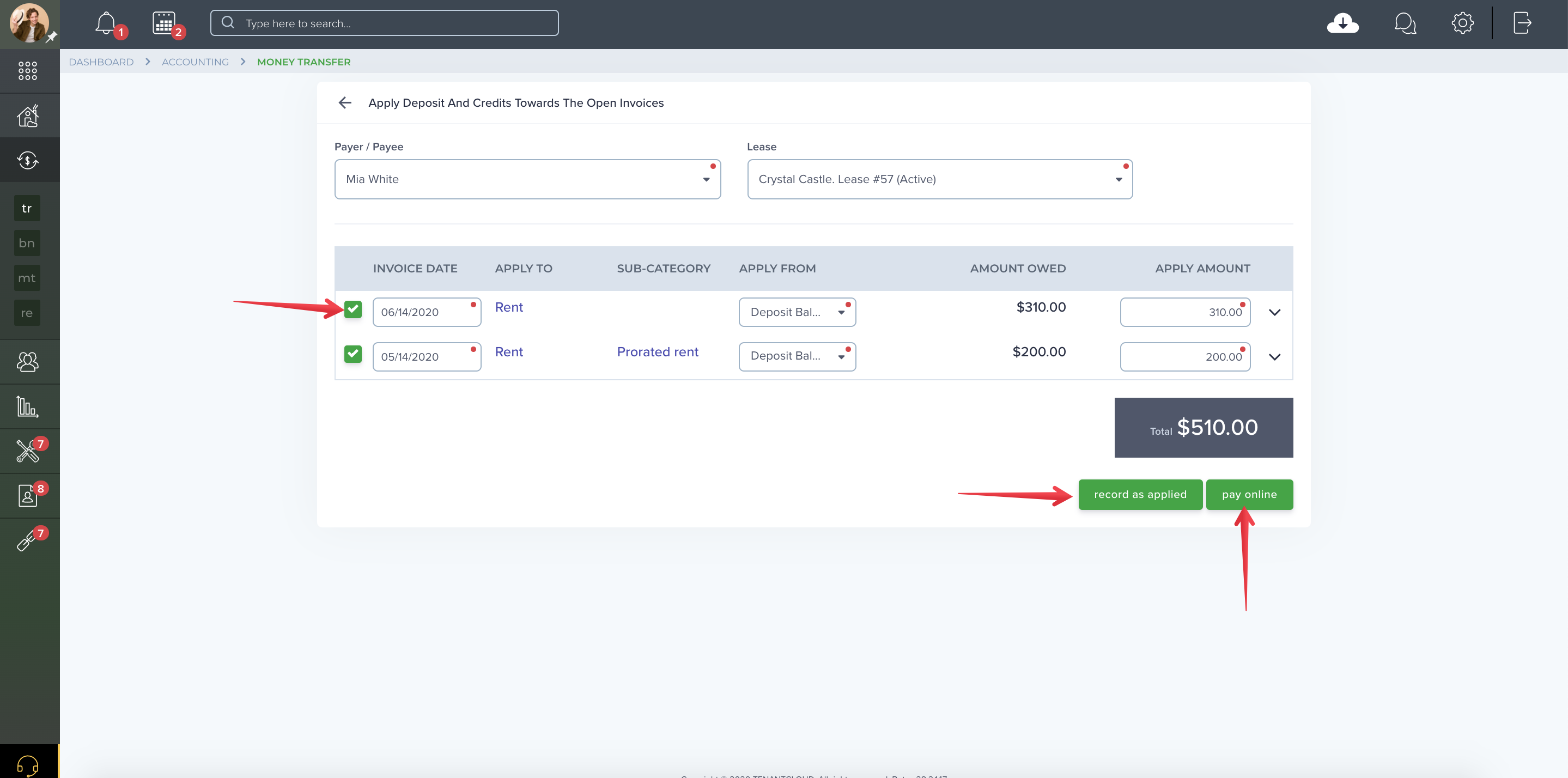 Accounting page in your TenantCloud account