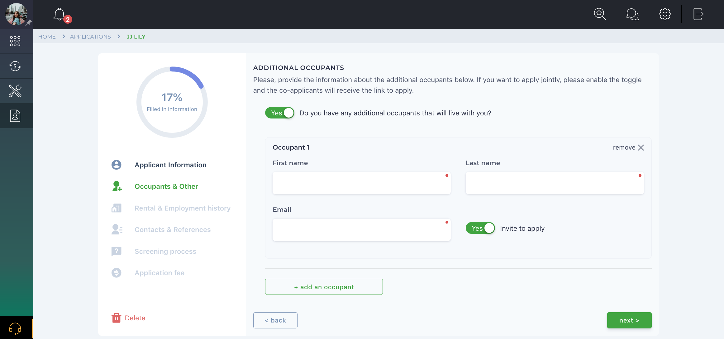 How do I submit a rental application and pay an application fee?