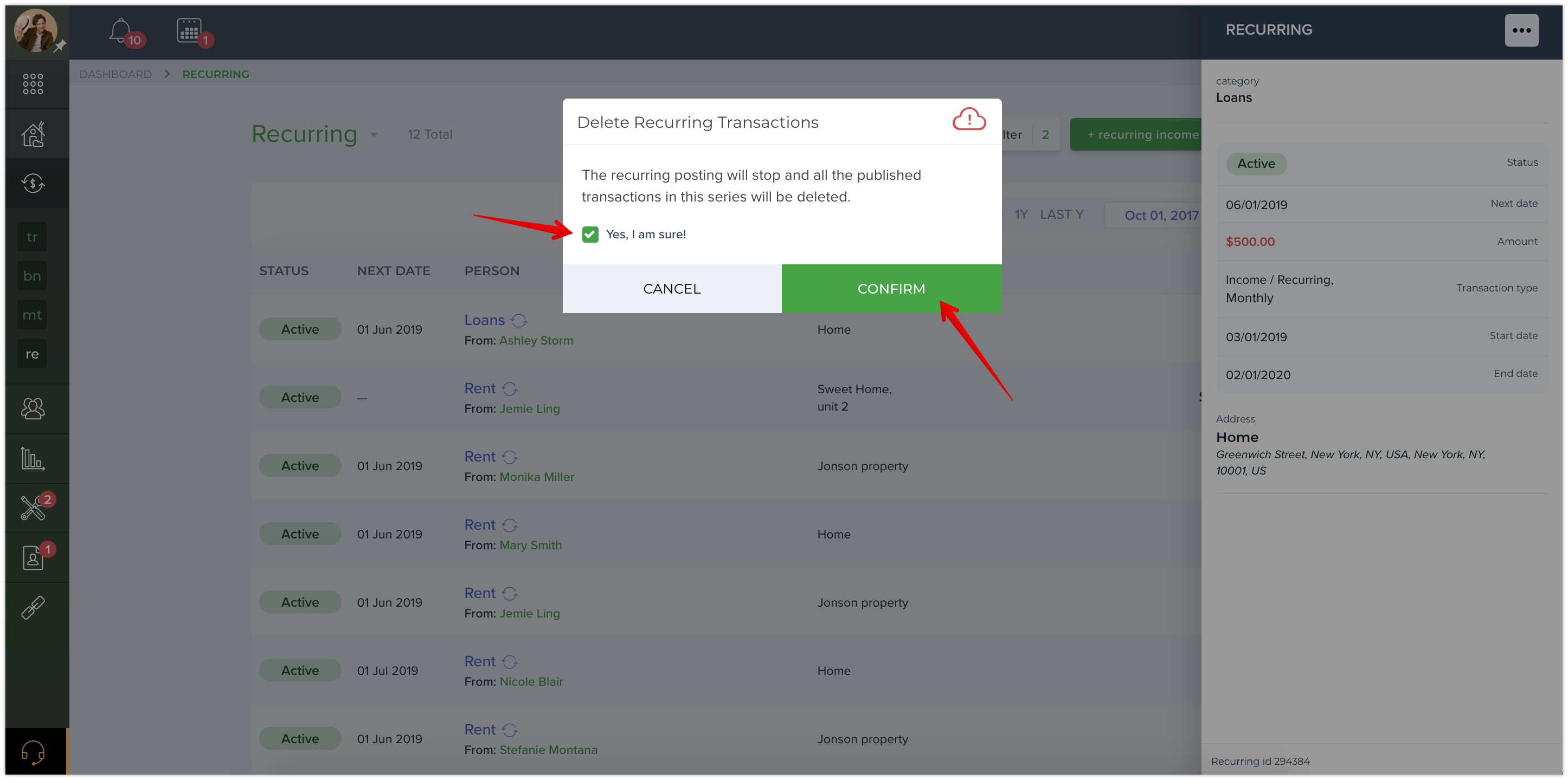 How do I end/delete a recurring transaction from the Recurring Page?